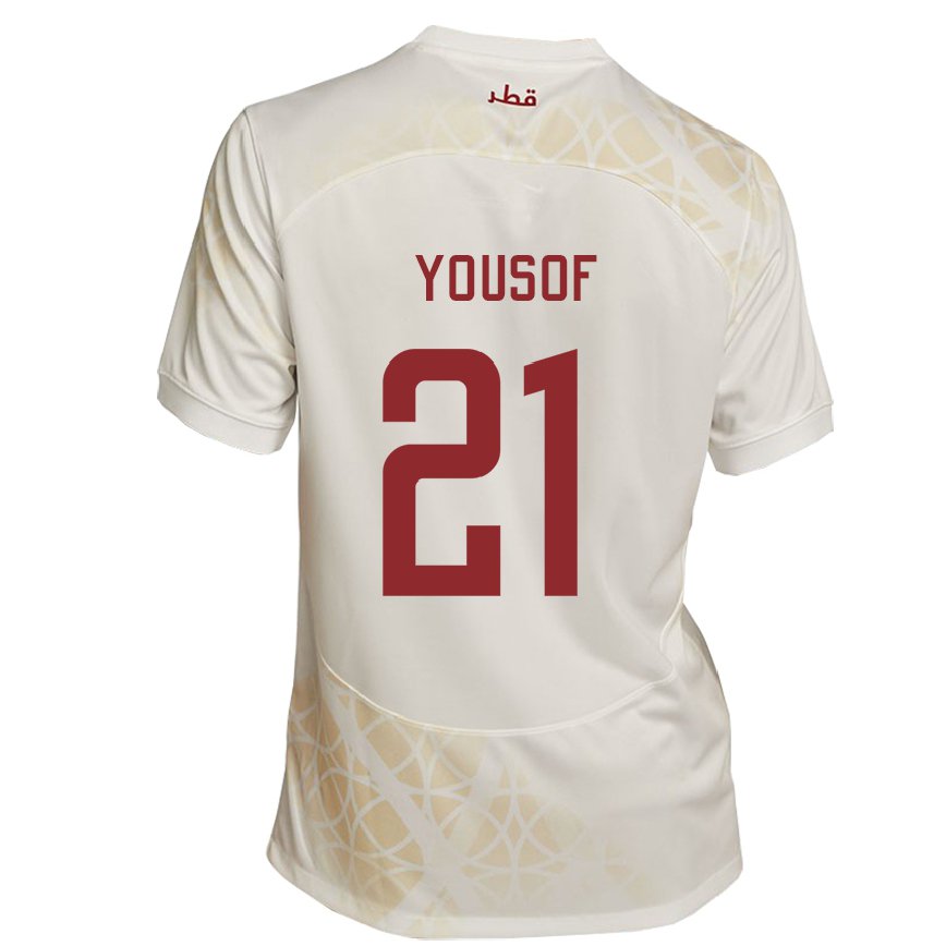 Hombre Camiseta Catar Yousof Hassan #21 Beis Dorado 2ª Equipación 22-24 Perú