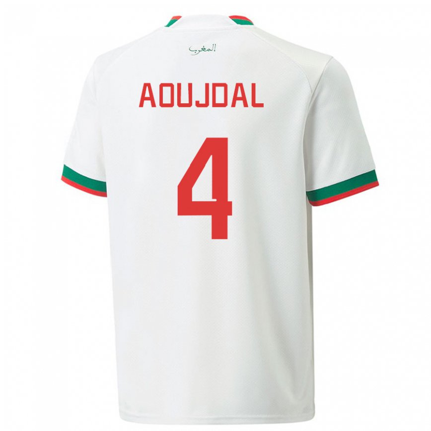 Hombre Camiseta Marruecos Youssef Aoujdal #4 Blanco 2ª Equipación 22-24 Perú