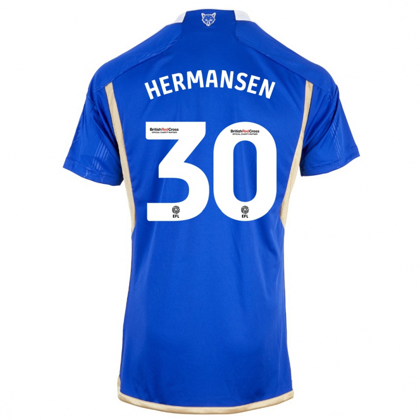 Hombre Fútbol Camiseta Mads Hermansen #30 Azul Real 1ª Equipación 2023/24 Perú