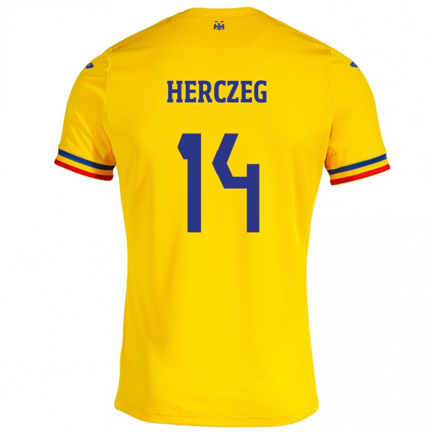 Niño Fútbol Camiseta Rumania Andrea Herczeg #14 Amarillo 1ª Equipación 24-26 Perú