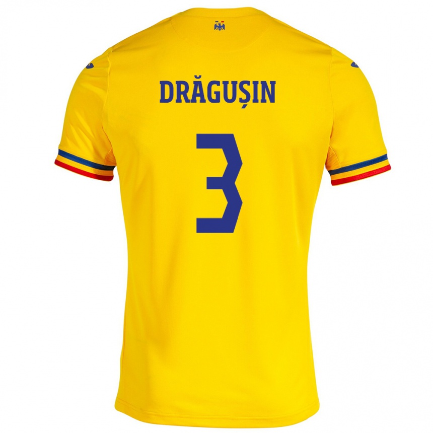 Hombre Fútbol Camiseta Rumania Radu Drăgușin #3 Amarillo 1ª Equipación 24-26 Perú