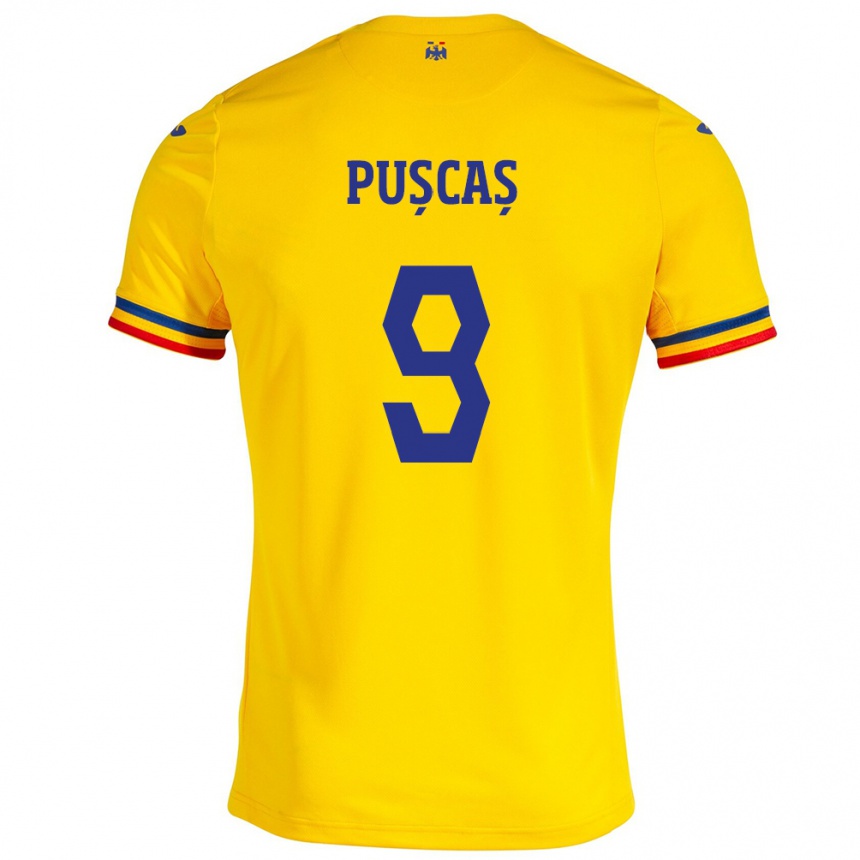 Hombre Fútbol Camiseta Rumania George Pușcaș #9 Amarillo 1ª Equipación 24-26 Perú