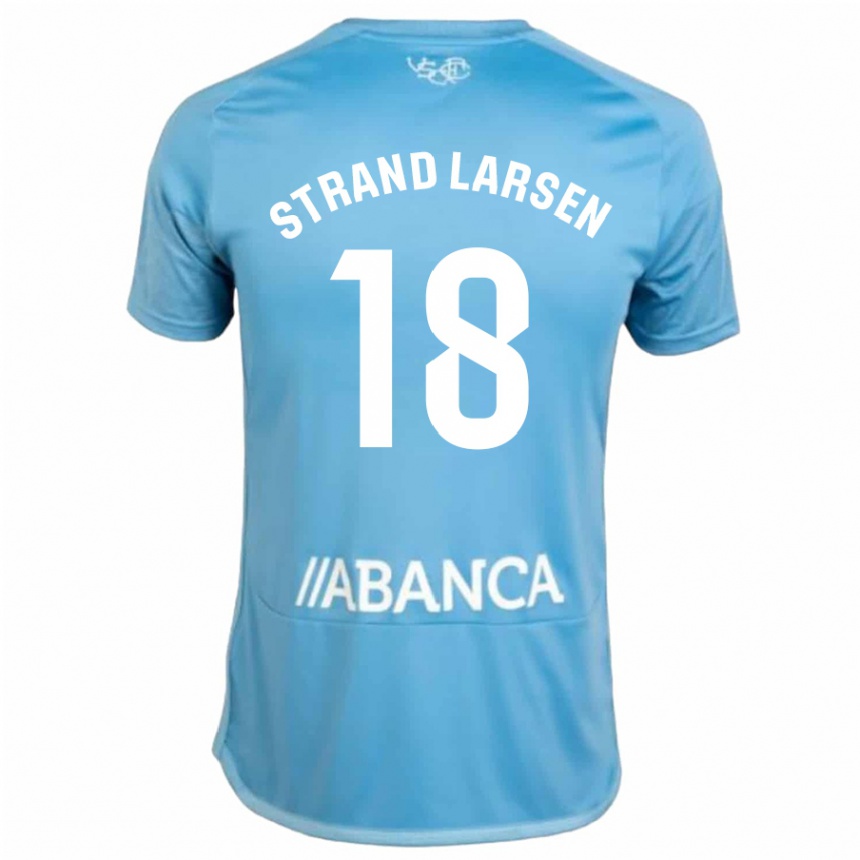 Hombre Fútbol Camiseta Jørgen Strand Larsen #18 Azul 1ª Equipación 2023/24 Perú