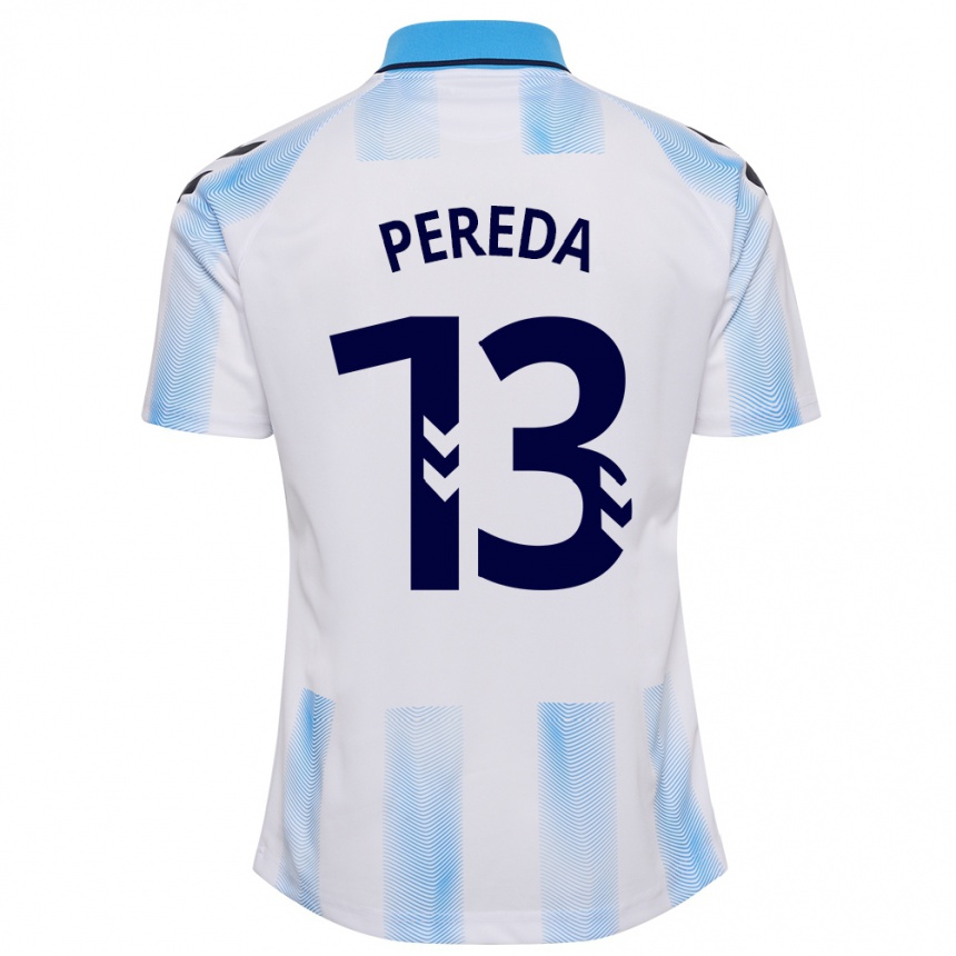 Mujer Fútbol Camiseta Adrián Pereda #13 Blanco Azul 1ª Equipación 2023/24 Perú