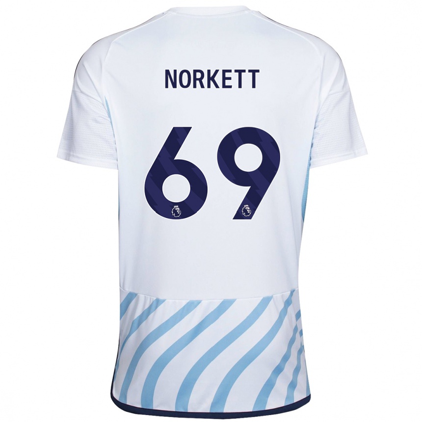 Mujer Fútbol Camiseta Manni Norkett #69 Blanco Azul 2ª Equipación 2023/24 Perú