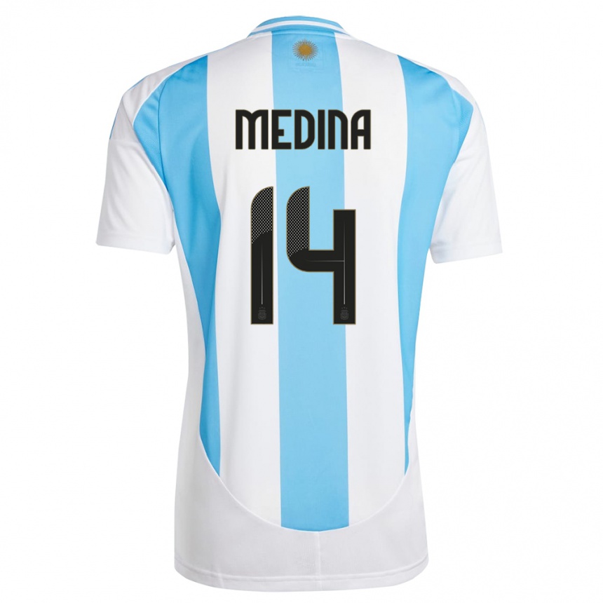 Niño Fútbol Camiseta Argentina Facundo Medina #14 Blanco Azul 1ª Equipación 24-26 Perú