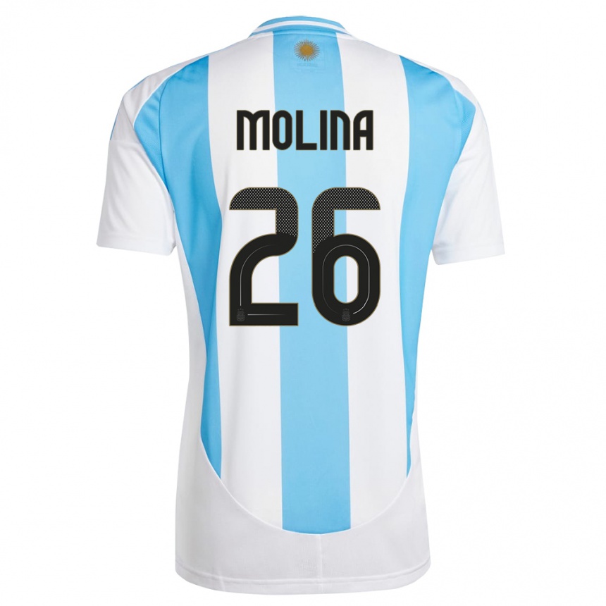 Niño Fútbol Camiseta Argentina Nahuel Molina #26 Blanco Azul 1ª Equipación 24-26 Perú