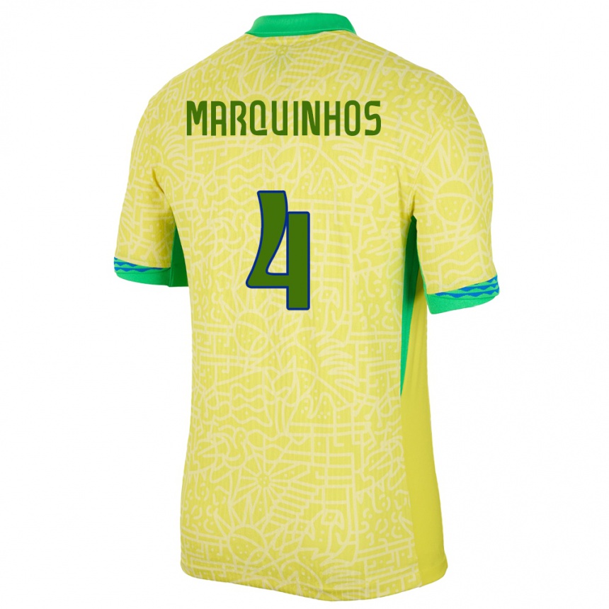 Niño Fútbol Camiseta Brasil Marquinhos #4 Amarillo 1ª Equipación 24-26 Perú