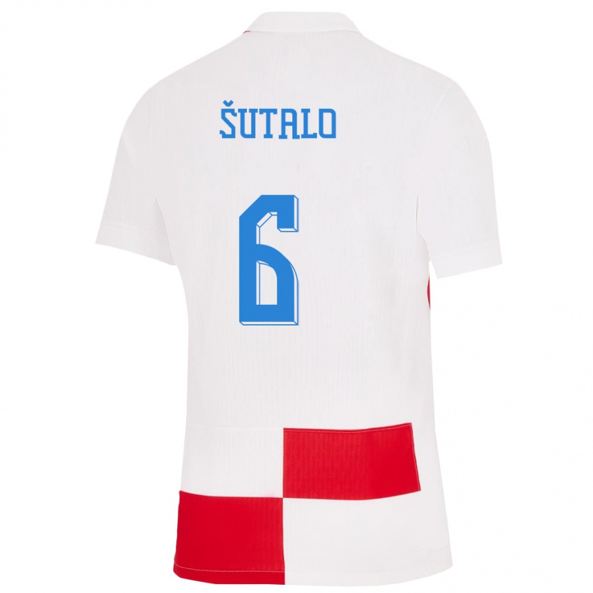 Niño Fútbol Camiseta Croacia Josip Sutalo #6 Blanco Rojo 1ª Equipación 24-26 Perú