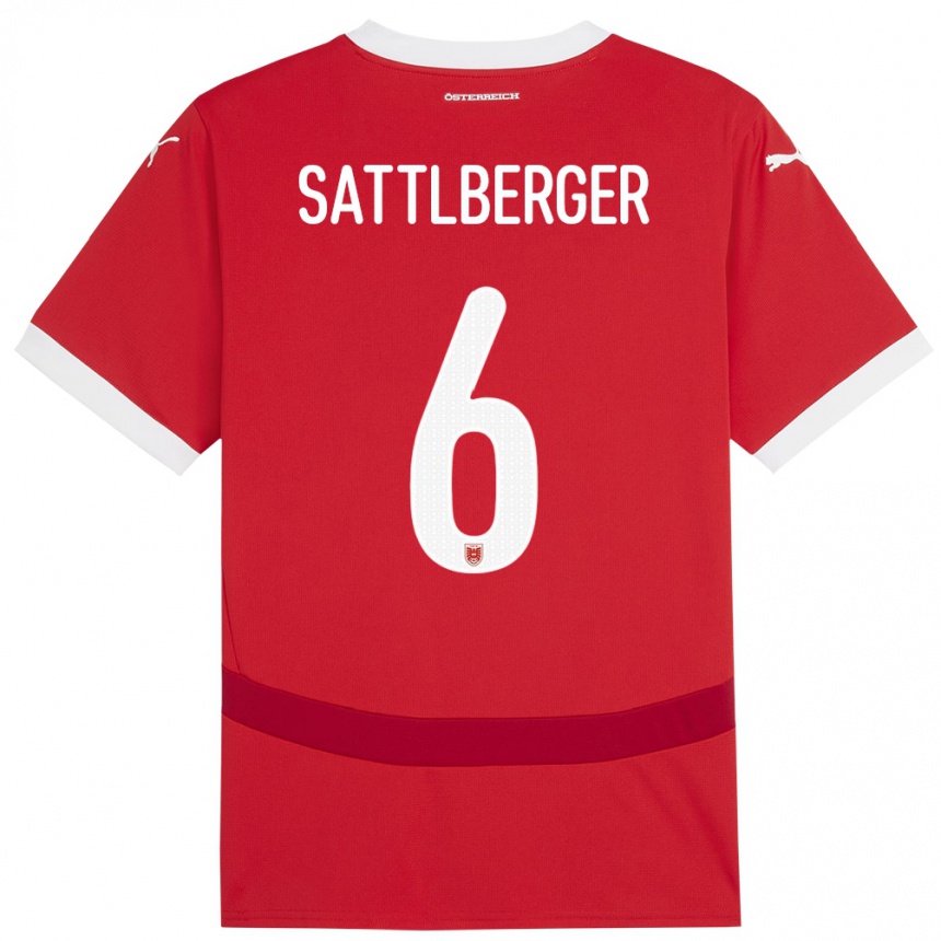 Niño Fútbol Camiseta Austria Nikolas Sattlberger #6 Rojo 1ª Equipación 24-26 Perú