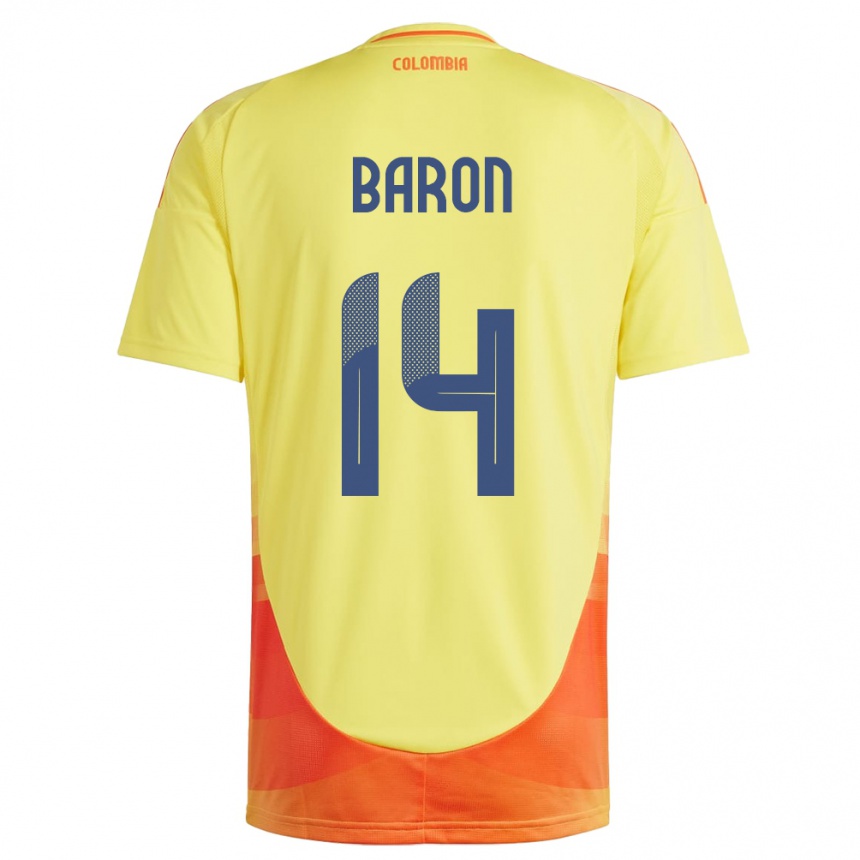 Niño Fútbol Camiseta Colombia Ángela Barón #14 Amarillo 1ª Equipación 24-26 Perú