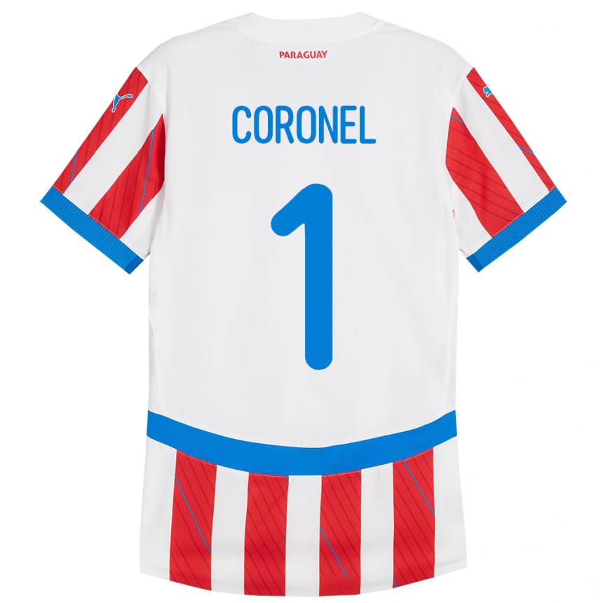 Niño Fútbol Camiseta Paraguay Carlos Coronel #1 Blanco Rojo 1ª Equipación 24-26 Perú