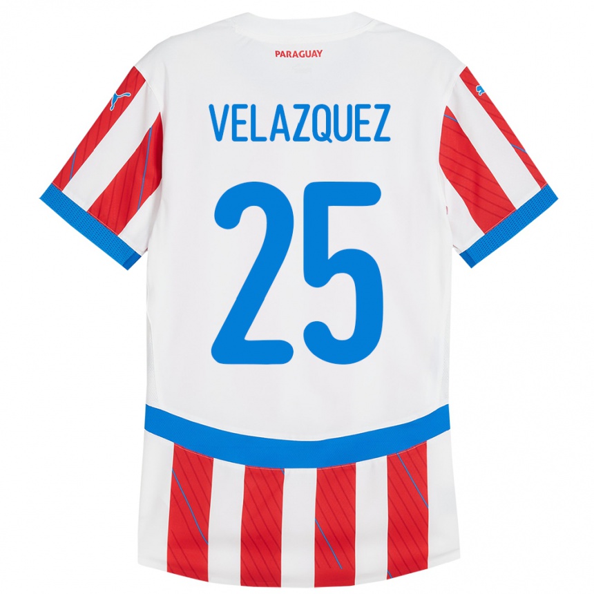 Niño Fútbol Camiseta Paraguay Gustavo Velázquez #25 Blanco Rojo 1ª Equipación 24-26 Perú