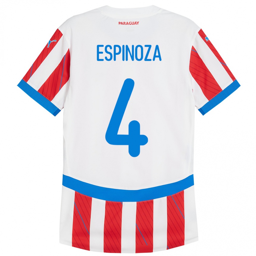 Niño Fútbol Camiseta Paraguay Matías Espinoza #4 Blanco Rojo 1ª Equipación 24-26 Perú