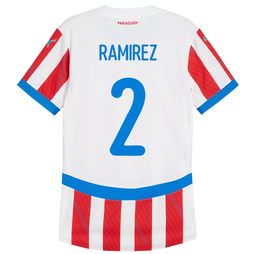 Niño Fútbol Camiseta Paraguay Iván Ramírez #2 Blanco Rojo 1ª Equipación 24-26 Perú