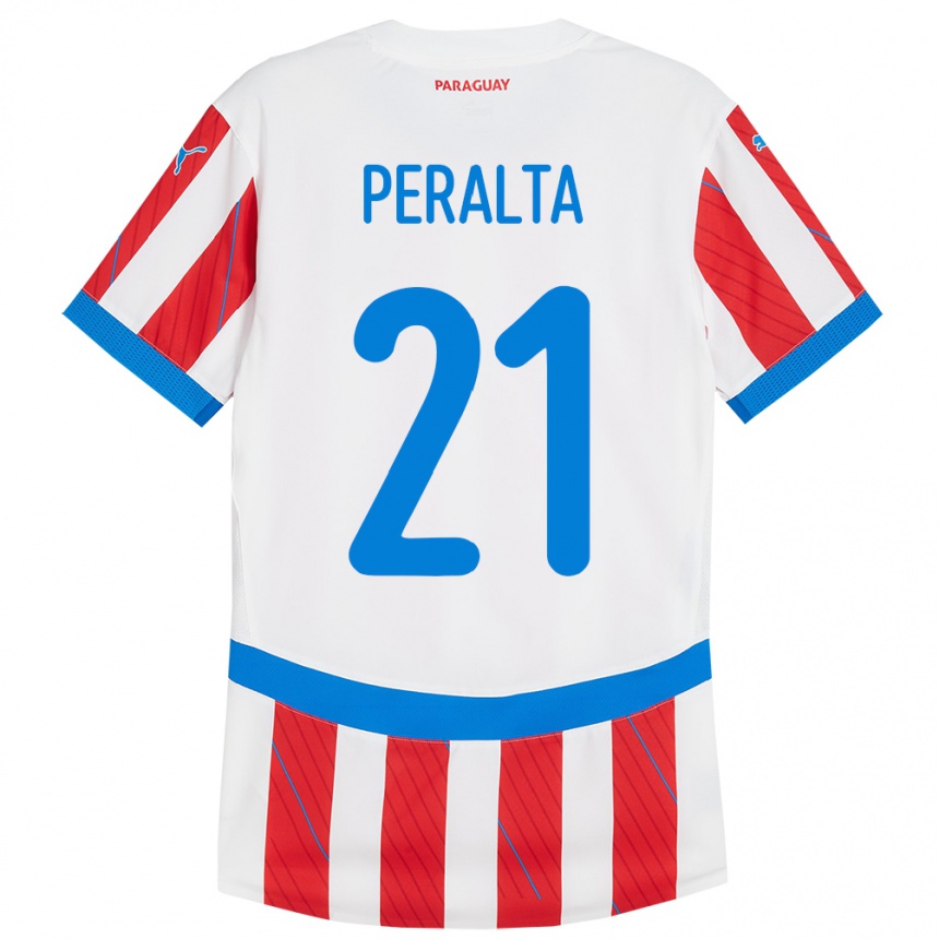 Niño Fútbol Camiseta Paraguay Fabrizio Peralta #21 Blanco Rojo 1ª Equipación 24-26 Perú