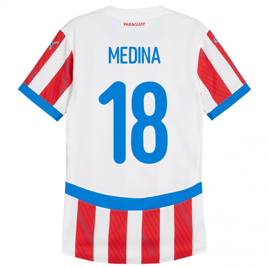 Niño Fútbol Camiseta Paraguay Jesús Medina #18 Blanco Rojo 1ª Equipación 24-26 Perú