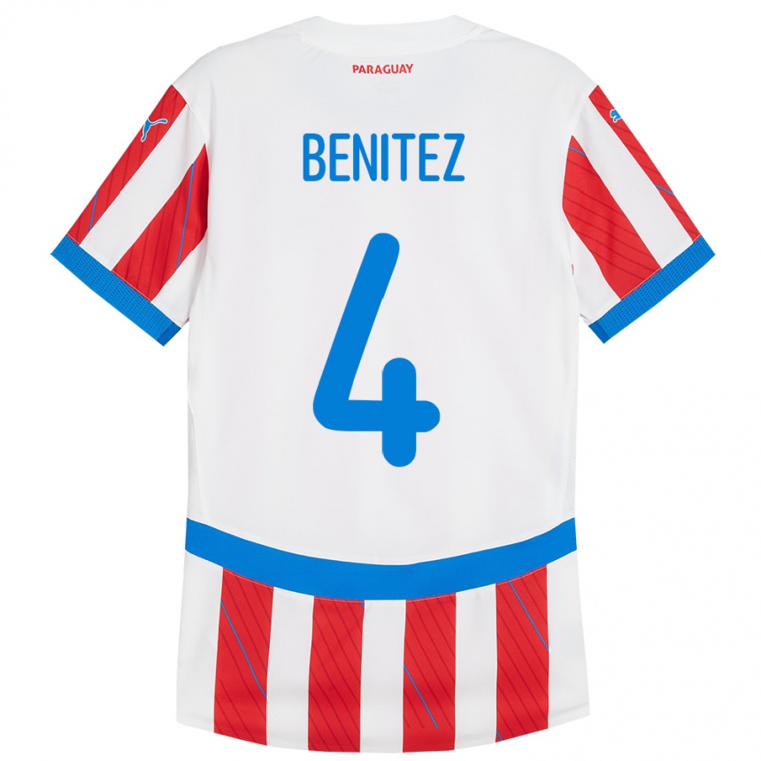 Niño Fútbol Camiseta Paraguay Gastón Benítez #4 Blanco Rojo 1ª Equipación 24-26 Perú