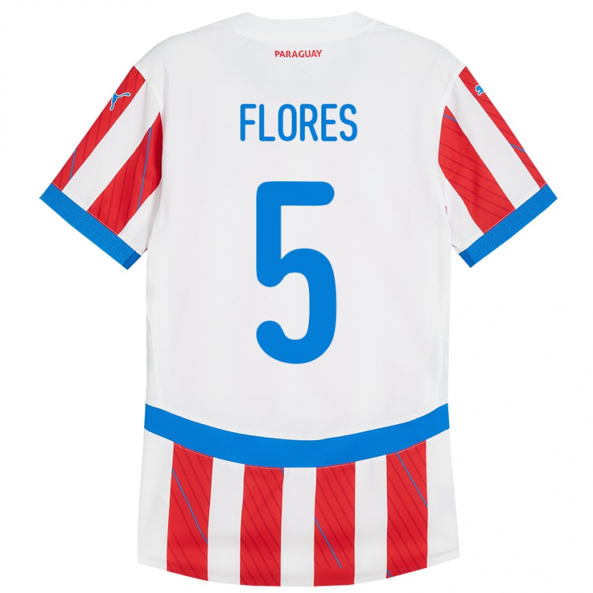 Niño Fútbol Camiseta Paraguay Gilberto Flores #5 Blanco Rojo 1ª Equipación 24-26 Perú