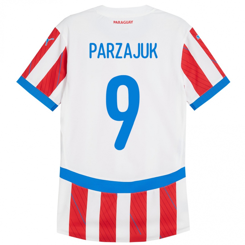 Niño Fútbol Camiseta Paraguay Kevin Parzajuk #9 Blanco Rojo 1ª Equipación 24-26 Perú