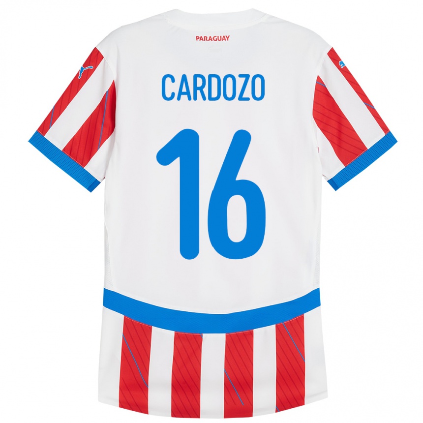 Niño Fútbol Camiseta Paraguay Juan Cardozo #16 Blanco Rojo 1ª Equipación 24-26 Perú