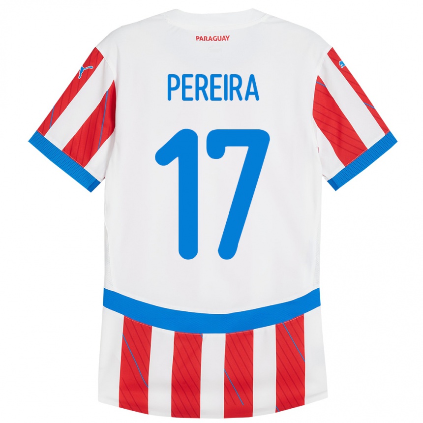 Niño Fútbol Camiseta Paraguay Kevin Pereira #17 Blanco Rojo 1ª Equipación 24-26 Perú