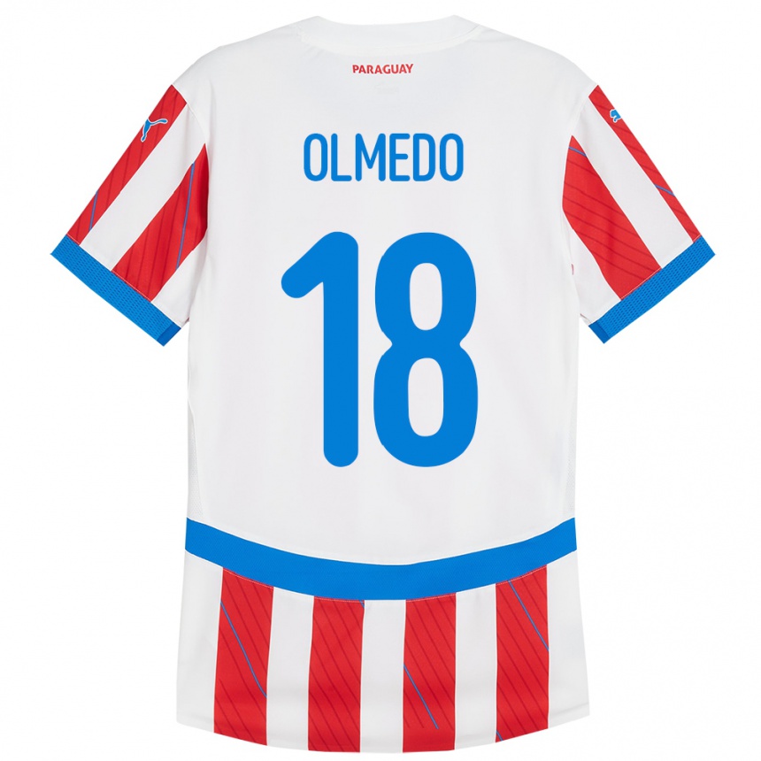 Niño Fútbol Camiseta Paraguay Cesar Olmedo #18 Blanco Rojo 1ª Equipación 24-26 Perú