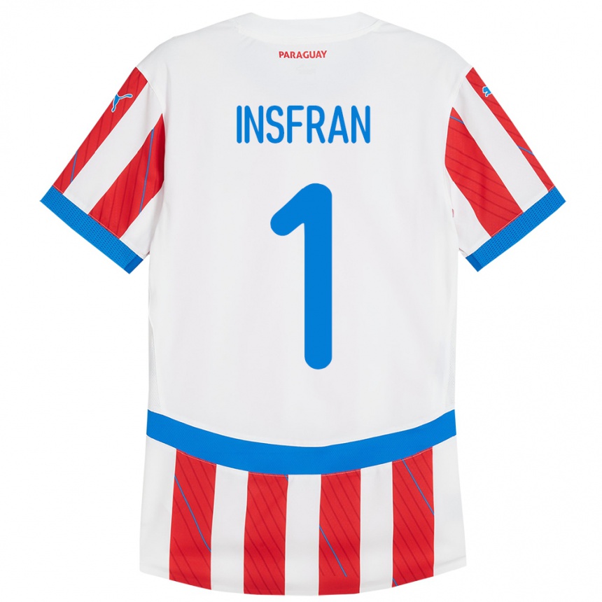 Niño Fútbol Camiseta Paraguay Facundo Insfrán #1 Blanco Rojo 1ª Equipación 24-26 Perú