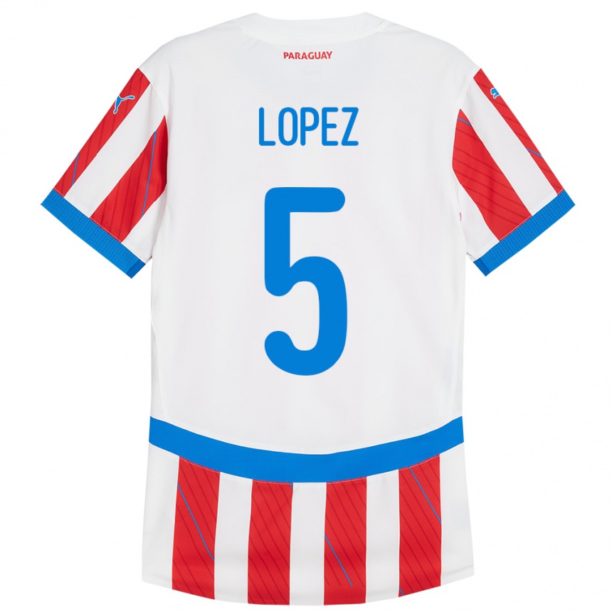 Niño Fútbol Camiseta Paraguay Óscar López #5 Blanco Rojo 1ª Equipación 24-26 Perú