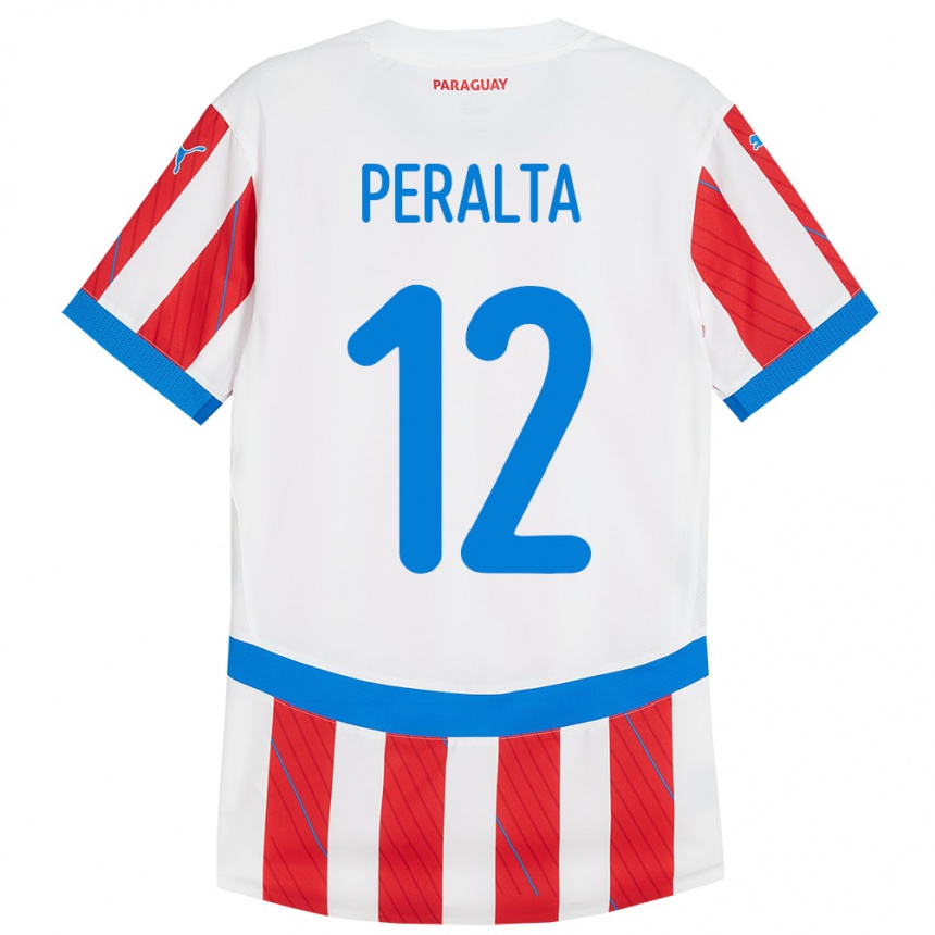 Niño Fútbol Camiseta Paraguay Jesús Peralta #12 Blanco Rojo 1ª Equipación 24-26 Perú