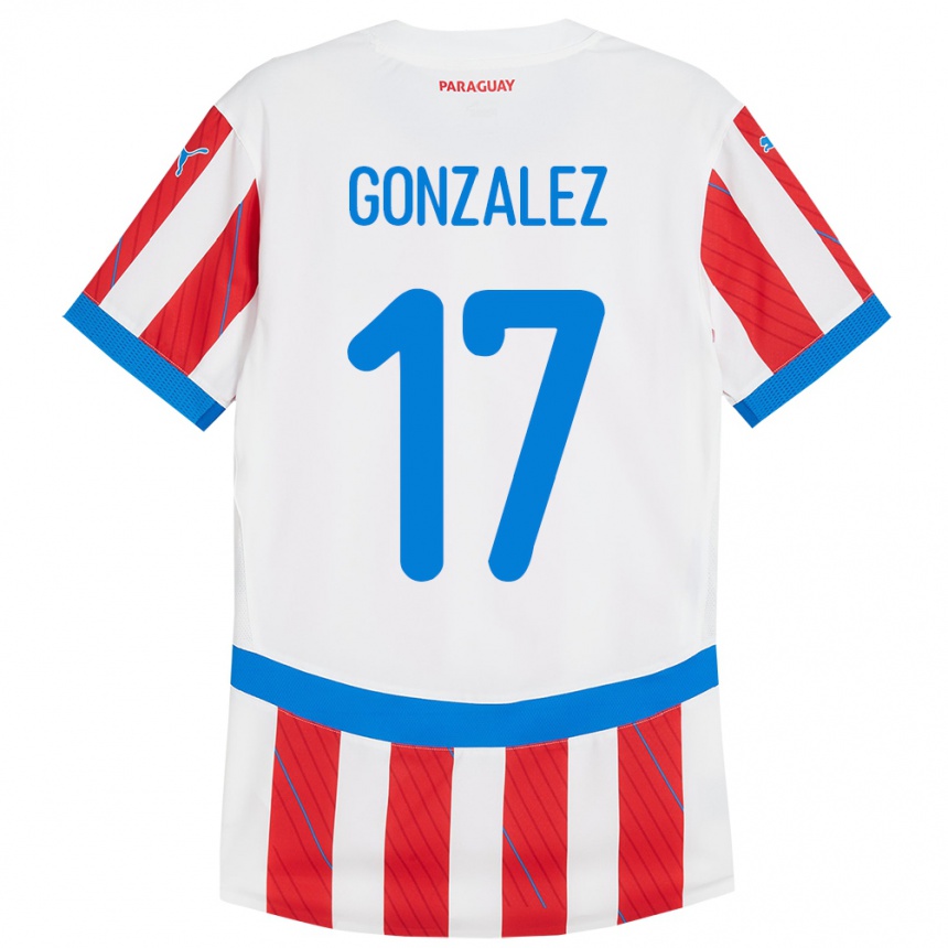 Niño Fútbol Camiseta Paraguay Lourdes González #17 Blanco Rojo 1ª Equipación 24-26 Perú