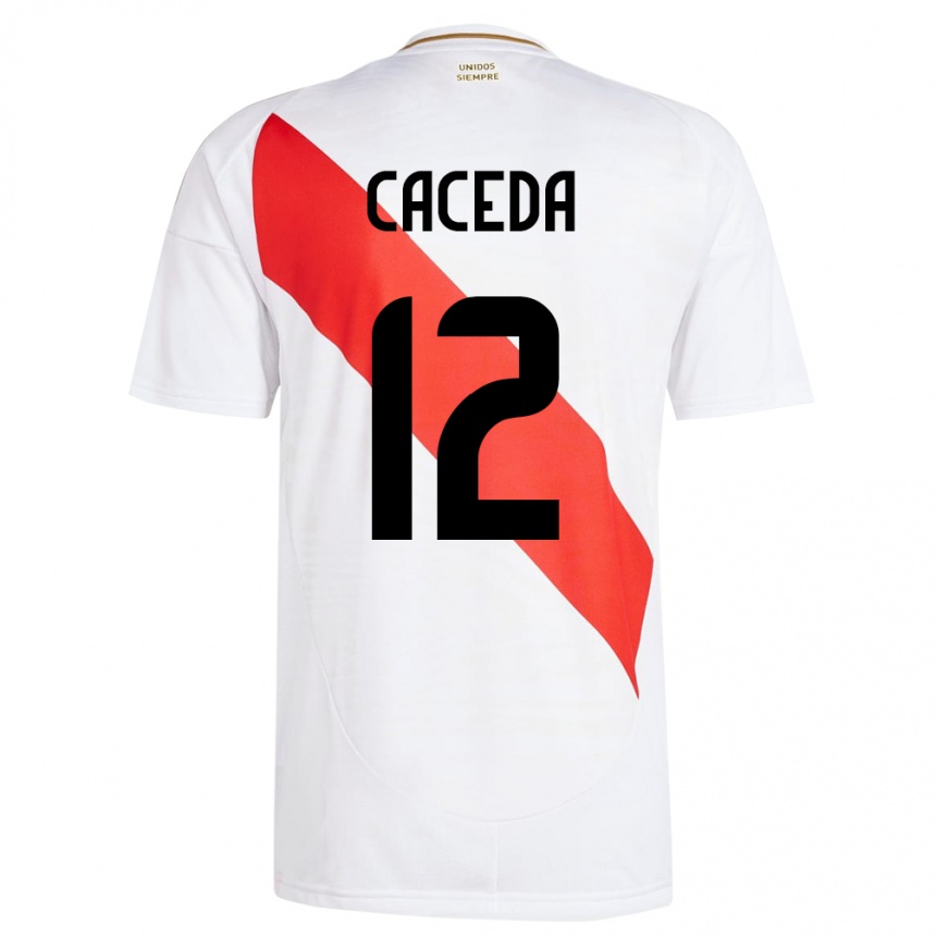 Niño Fútbol Camiseta Perú Carlos Cáceda #12 Blanco 1ª Equipación 24-26 Perú