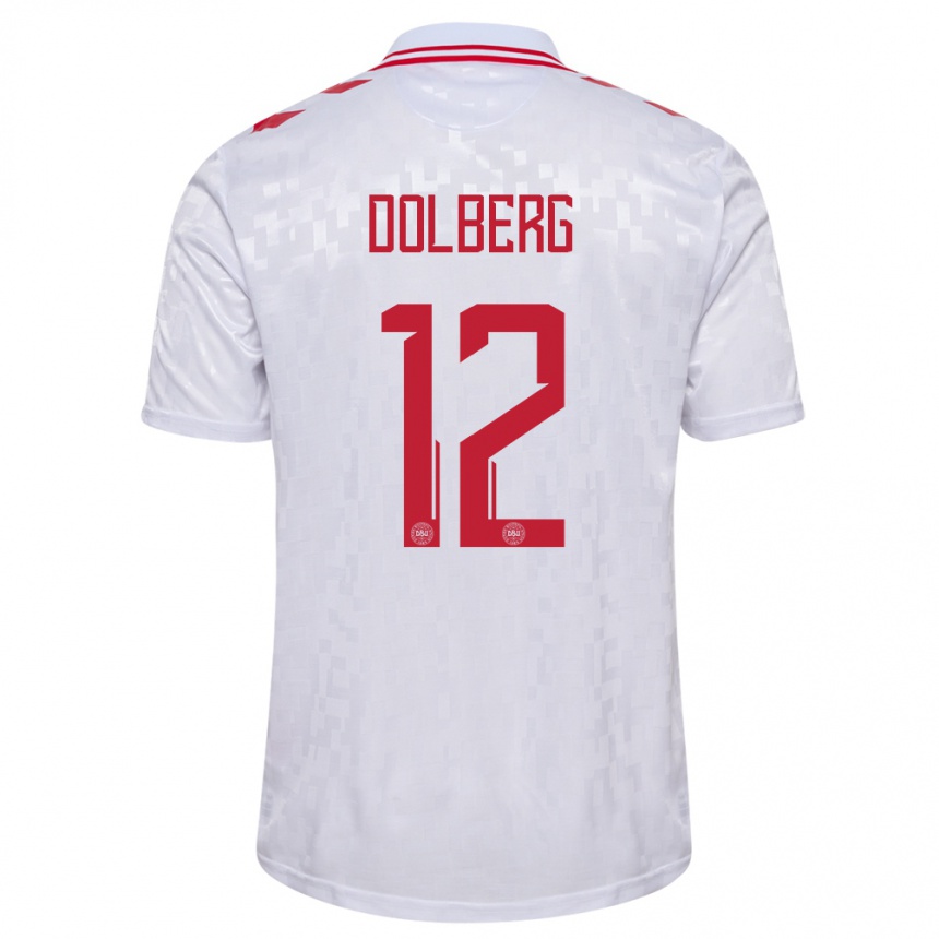 Niño Fútbol Camiseta Dinamarca Kasper Dolberg #12 Blanco 2ª Equipación 24-26 Perú