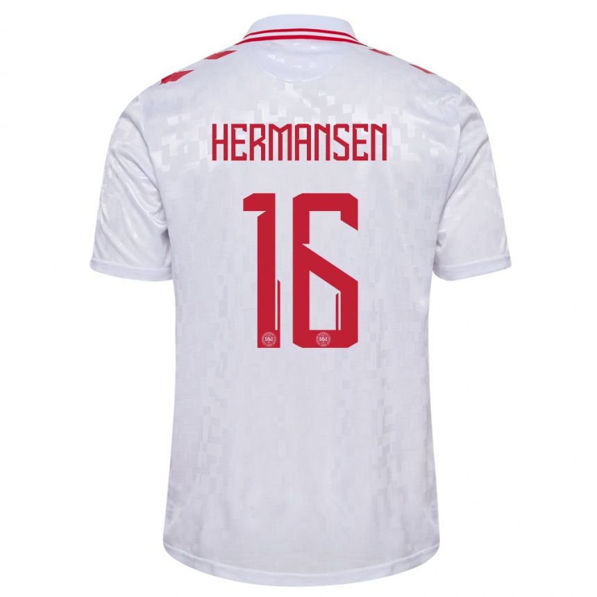 Niño Fútbol Camiseta Dinamarca Mads Hermansen #16 Blanco 2ª Equipación 24-26 Perú