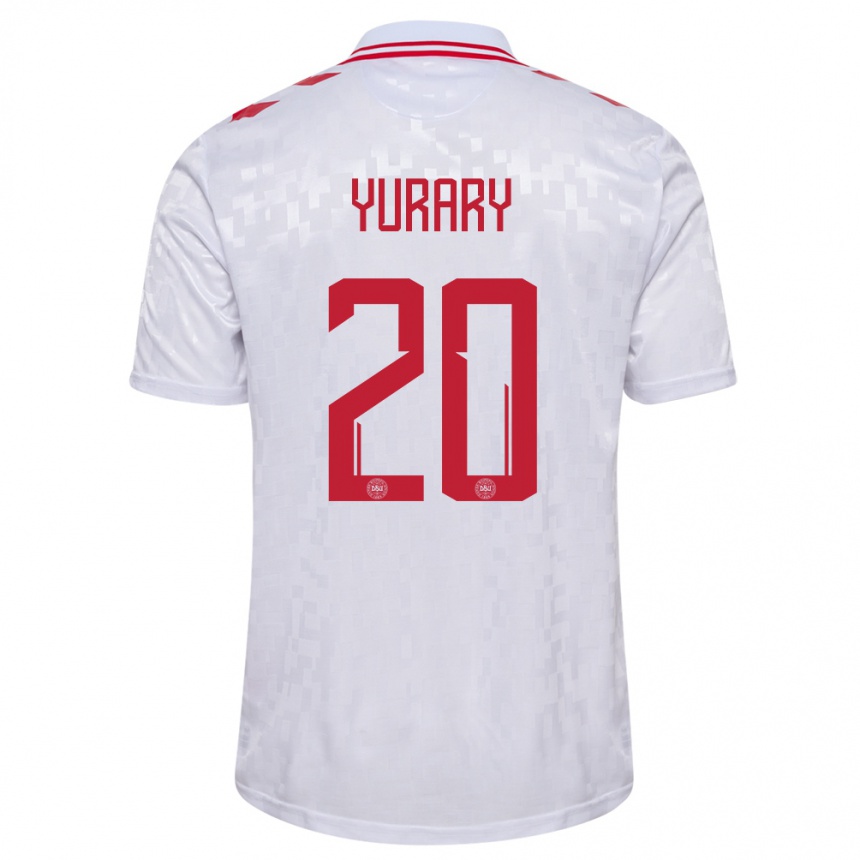 Niño Fútbol Camiseta Dinamarca Yussuf Poulsen #20 Blanco 2ª Equipación 24-26 Perú