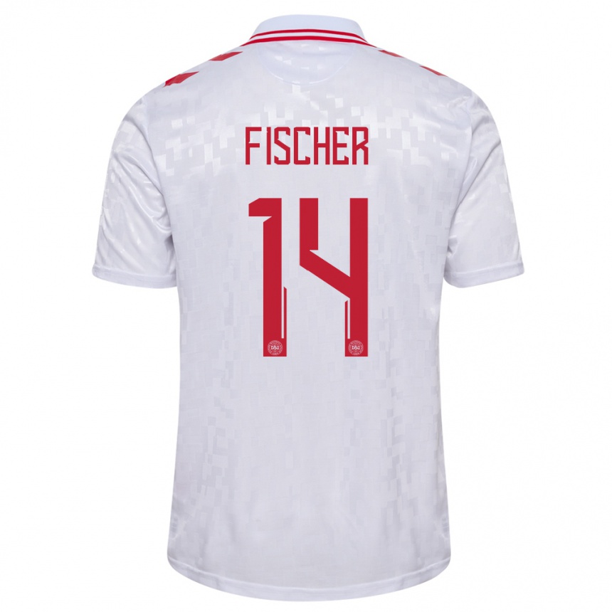 Niño Fútbol Camiseta Dinamarca Mikkel Fischer #14 Blanco 2ª Equipación 24-26 Perú