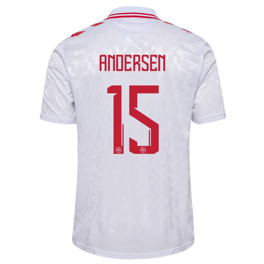 Niño Fútbol Camiseta Dinamarca Jacob Andersen #15 Blanco 2ª Equipación 24-26 Perú