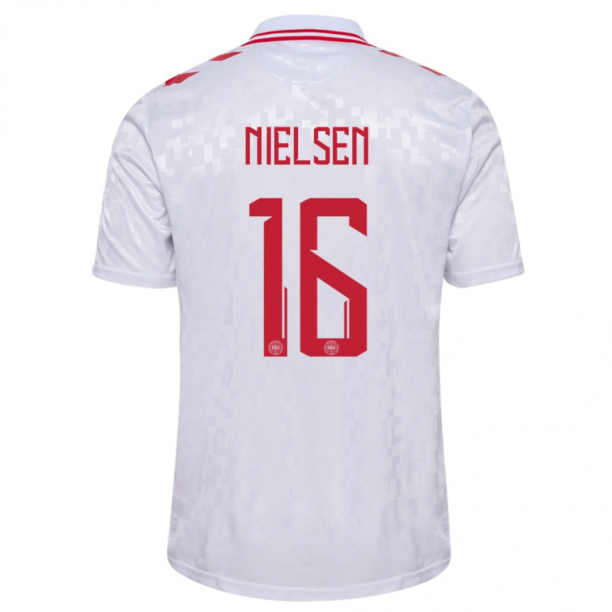 Niño Fútbol Camiseta Dinamarca Magnus Nielsen #16 Blanco 2ª Equipación 24-26 Perú