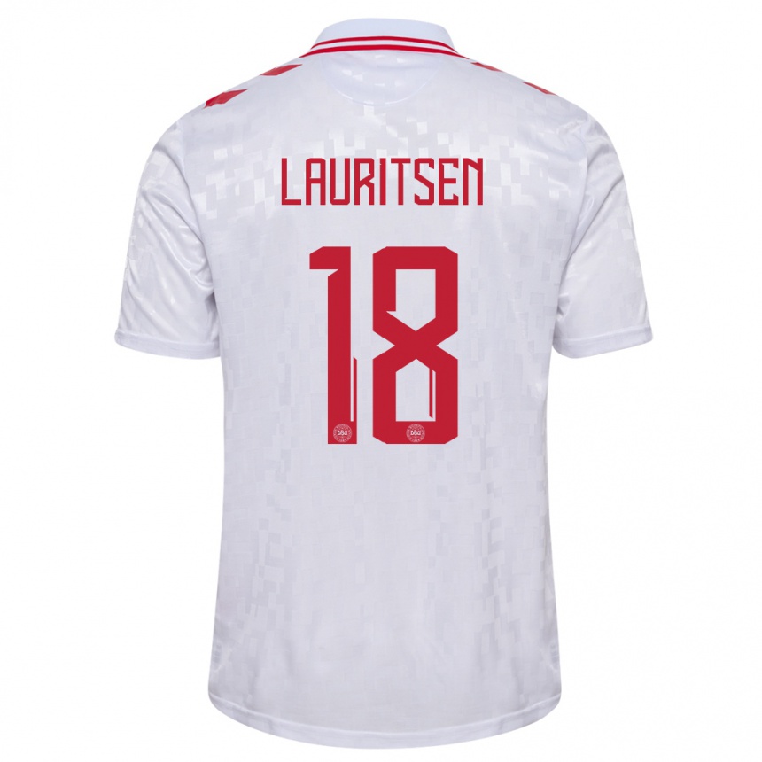 Niño Fútbol Camiseta Dinamarca Tobias Lauritsen #18 Blanco 2ª Equipación 24-26 Perú