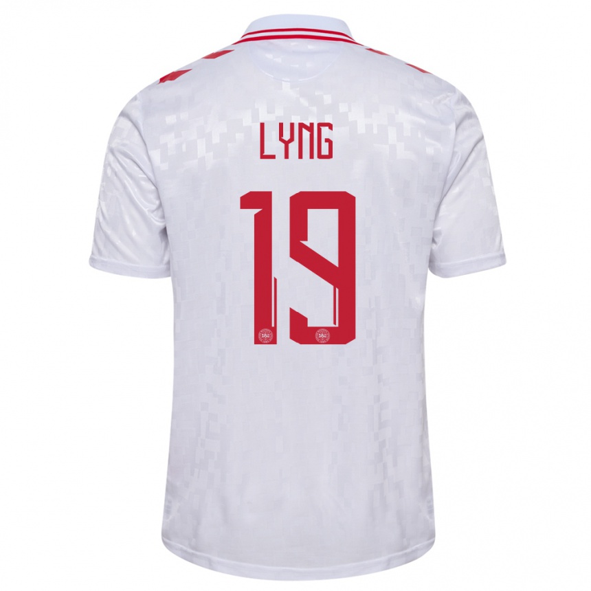 Niño Fútbol Camiseta Dinamarca Alexander Lyng #19 Blanco 2ª Equipación 24-26 Perú