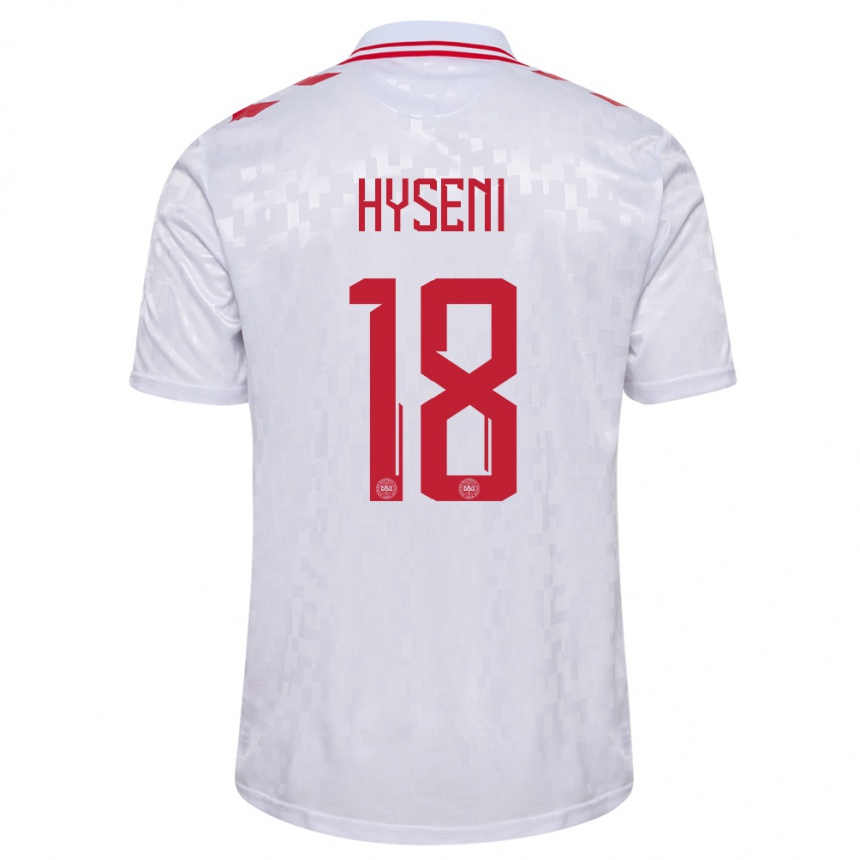 Niño Fútbol Camiseta Dinamarca Olti Hyseni #18 Blanco 2ª Equipación 24-26 Perú