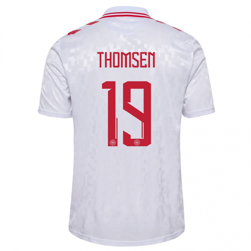 Niño Fútbol Camiseta Dinamarca Janni Thomsen #19 Blanco 2ª Equipación 24-26 Perú