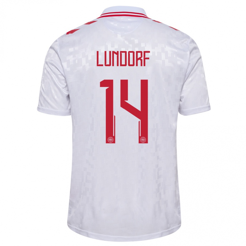 Niño Fútbol Camiseta Dinamarca Matilde Lundorf #14 Blanco 2ª Equipación 24-26 Perú