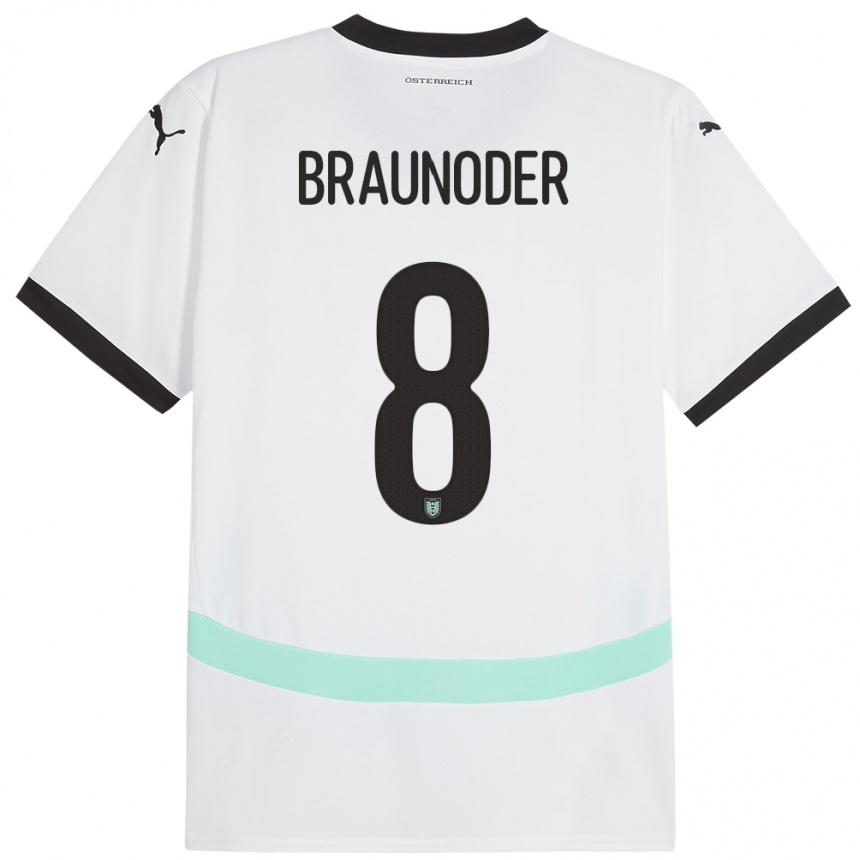 Niño Fútbol Camiseta Austria Matthias Braunöder #8 Blanco 2ª Equipación 24-26 Perú