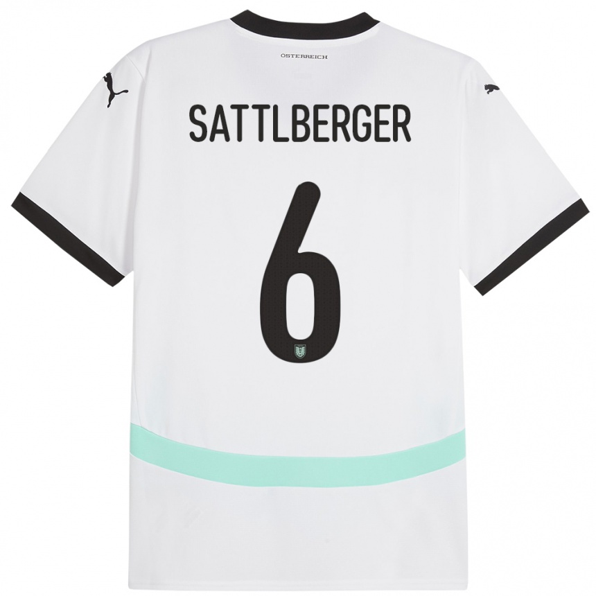 Niño Fútbol Camiseta Austria Nikolas Sattlberger #6 Blanco 2ª Equipación 24-26 Perú