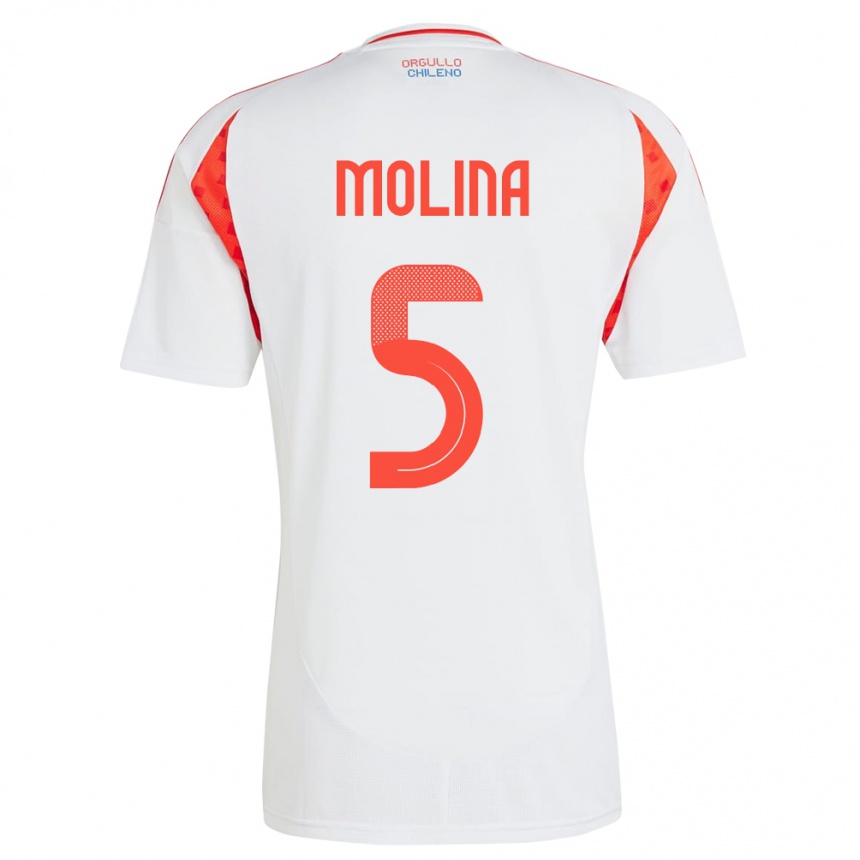 Niño Fútbol Camiseta Chile Benjamín Molina #5 Blanco 2ª Equipación 24-26 Perú