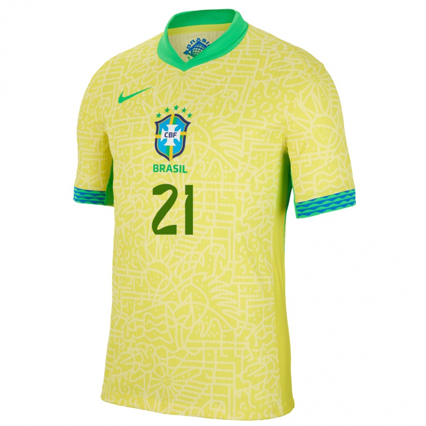 Hombre Fútbol Camiseta Brasil Matheus Cunha #21 Amarillo 1ª Equipación 24-26 Perú