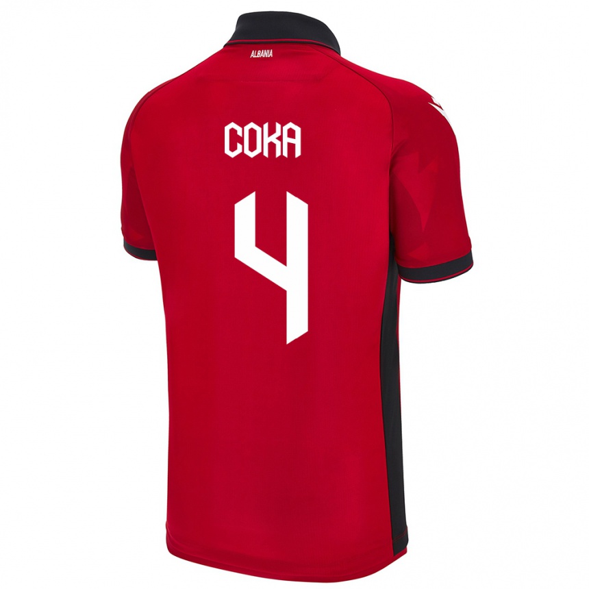 Hombre Fútbol Camiseta Albania Jehona Coka #4 Rojo 1ª Equipación 24-26 Perú