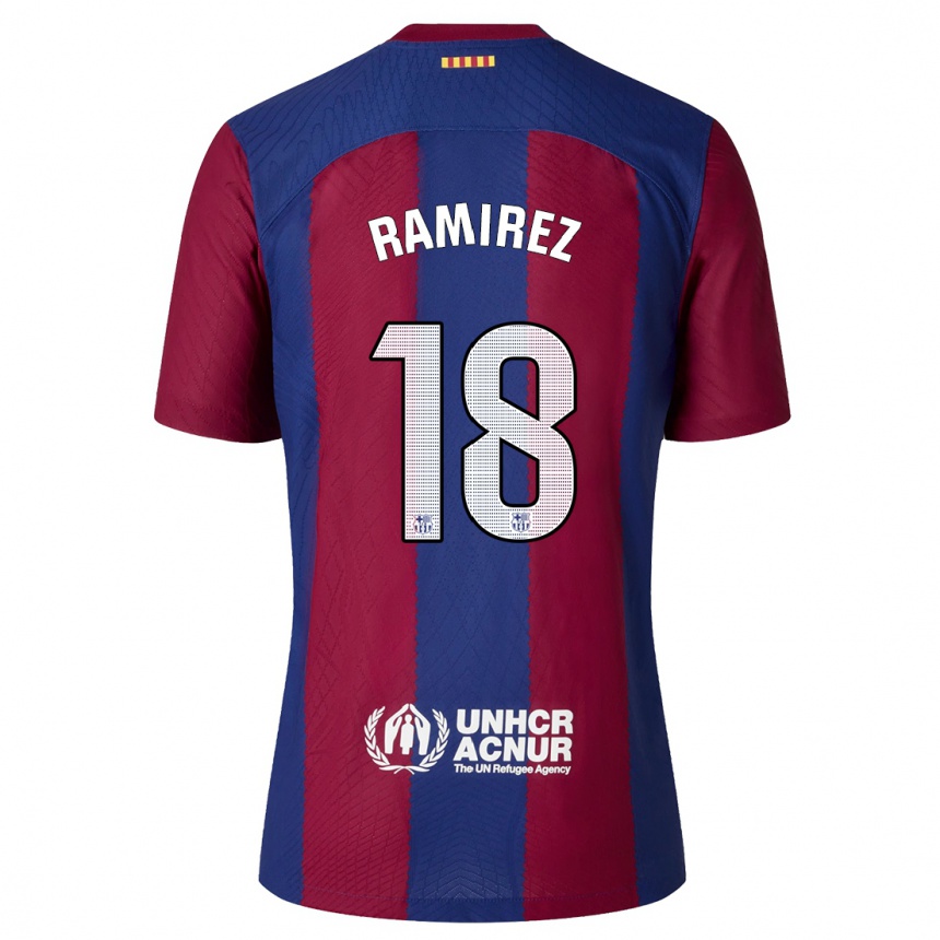 Niño Fútbol Camiseta Emma Ramirez #18 Rojo Azul 1ª Equipación 2023/24 Perú