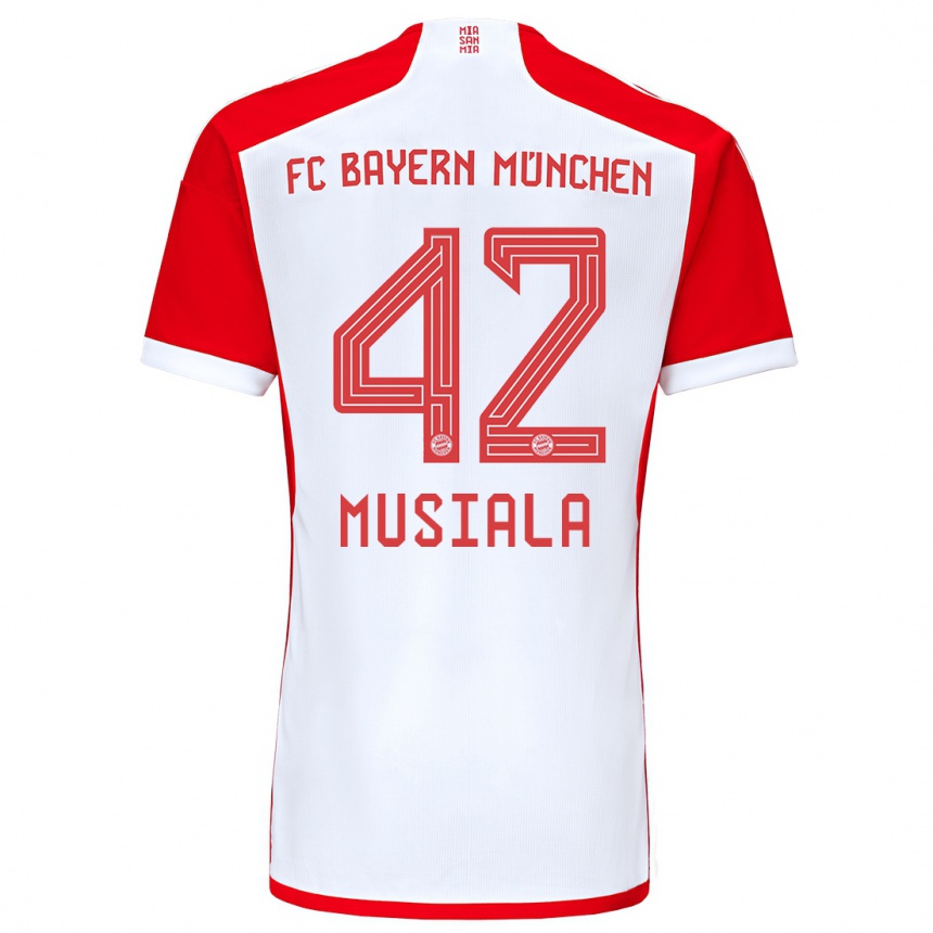 Niño Fútbol Camiseta Jamal Musiala #42 Rojo Blanco 1ª Equipación 2023/24 Perú